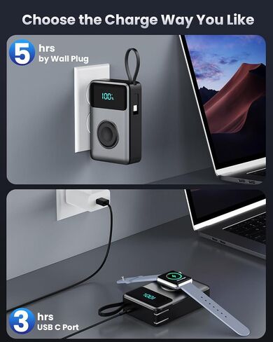 شاحن محمول 4 في 1 مع قابس حائط مدمج وكابلات USB-C، بنك طاقة 10800 مللي أمبير مع شاحن iWatch، حزمة بطارية شحن سريع QC4.0+PD 25 وات، أساسيات السفر لهاتف iPhone 16/15، Apple Watch، Android وغيرها in Saudi Arabia
