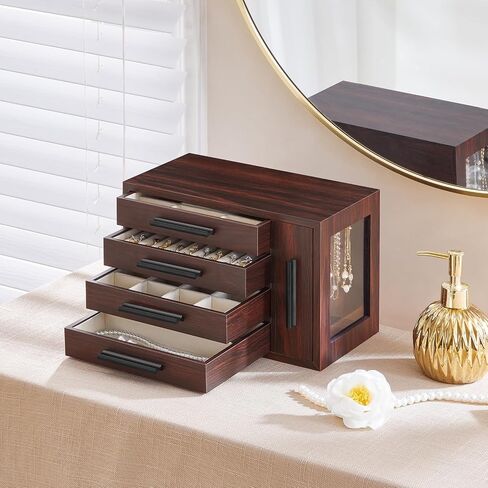 HOOBRO Jewelry Box for Women, Wooden Jewelry Organizer with Transparent Window, 4 Layer Jewelry Organizer Box, Jewelry Holder Organizer for Earrings, Necklaces, Rings, White and Gold WD09JB04 in Saudi Arabia
