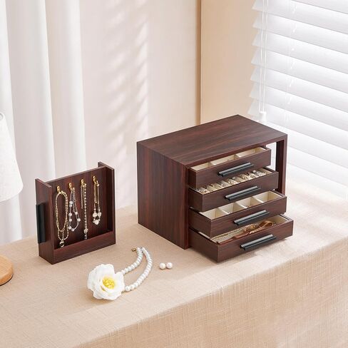 HOOBRO Jewelry Box for Women, Wooden Jewelry Organizer with Transparent Window, 4 Layer Jewelry Organizer Box, Jewelry Holder Organizer for Earrings, Necklaces, Rings, White and Gold WD09JB04 in Saudi Arabia