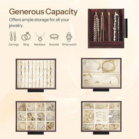 HOOBRO Jewelry Box for Women, Wooden Jewelry Organizer with Transparent Window, 4 Layer Jewelry Organizer Box, Jewelry Holder Organizer for Earrings, Necklaces, Rings, White and Gold WD09JB04 in Saudi Arabia