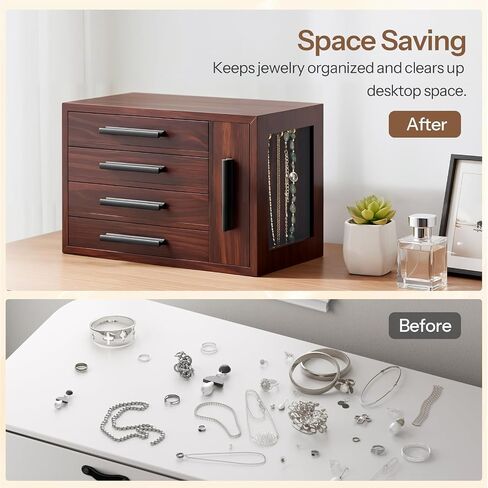 HOOBRO Jewelry Box for Women, Wooden Jewelry Organizer with Transparent Window, 4 Layer Jewelry Organizer Box, Jewelry Holder Organizer for Earrings, Necklaces, Rings, White and Gold WD09JB04 in Saudi Arabia