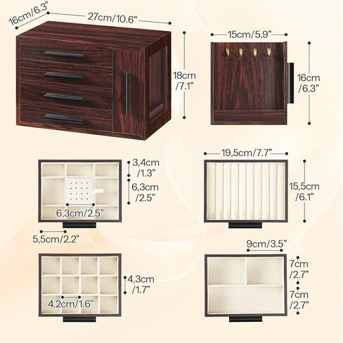HOOBRO Jewelry Box for Women, Wooden Jewelry Organizer with Transparent Window, 4 Layer Jewelry Organizer Box, Jewelry Holder Organizer for Earrings, Necklaces, Rings, White and Gold WD09JB04 in Saudi Arabia