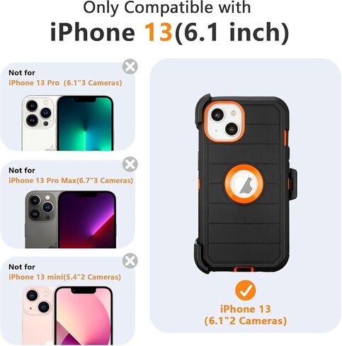 حافظة لهاتف Defender iPhone 13 مزودة بمشبك، متينة لكامل الجسم، 3 طبقات متينة، مع حماية للمنافذ، حافظة هاتف iPhone 13 شديدة التحمل مع مشبك حافظة (أسود وبرتقالي) in Kuwait