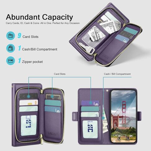 DJBEAR for Samsung Galaxy A16 5G Wallet Case for Men & Women, All-in-One Flip Folio Cover with 9 Card Slots, Zipper Pocket, Detachable Wrist Strap, Full Body Protection for Samsung A16 Black in Saudi Arabia