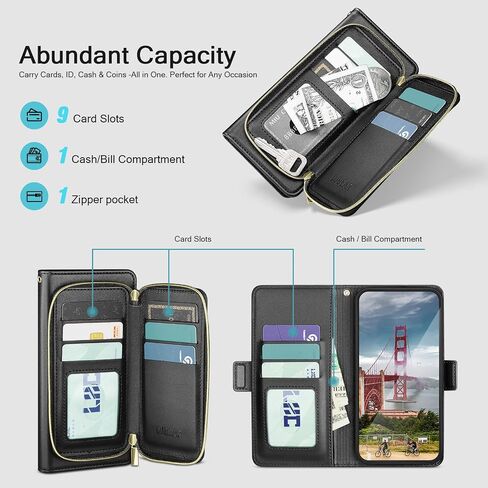 DJBEAR for Samsung Galaxy A16 5G Wallet Case for Men & Women, All-in-One Flip Folio Cover with 9 Card Slots, Zipper Pocket, Detachable Wrist Strap, Full Body Protection for Samsung A16 Black in Saudi Arabia
