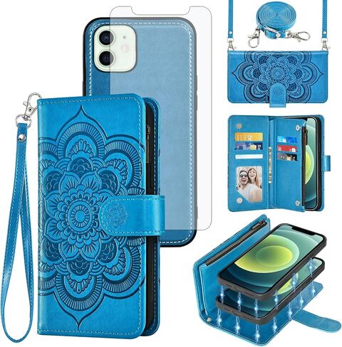 حافظة هاتف Asuwish لهاتف iPhone 12 Pro iPhone12 6.1 غطاء خلوي بسحاب مع واقي شاشة من الزجاج المقسى وحزام حبل طويل وحامل بطاقة زهرة iPhone12pro 5G i 12s 12pro للنساء والفتيات باللون البني in Saudi Arabia