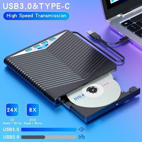 【7 في 1】 محرك أقراص DVD خارجي للكمبيوتر المحمول، USB 3.0 Type-C CD/DVD +/-RW، 4 منافذ USB، يدعم بطاقة SD/TF، ​​محرك أقراص DVD بصري لنظام التشغيل Windows 11/10/8/7، Linux، MacOS in Kuwait