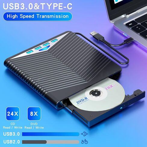 【7 في 1】 محرك أقراص DVD خارجي للكمبيوتر المحمول، USB 3.0 Type-C CD/DVD +/-RW، 4 منافذ USB، يدعم بطاقة SD/TF، ​​محرك أقراص DVD بصري لنظام التشغيل Windows 11/10/8/7، Linux، MacOS in Kuwait
