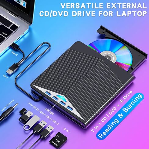 【7 في 1】 محرك أقراص DVD خارجي للكمبيوتر المحمول، USB 3.0 Type-C CD/DVD +/-RW، 4 منافذ USB، يدعم بطاقة SD/TF، ​​محرك أقراص DVD بصري لنظام التشغيل Windows 11/10/8/7، Linux، MacOS in Kuwait