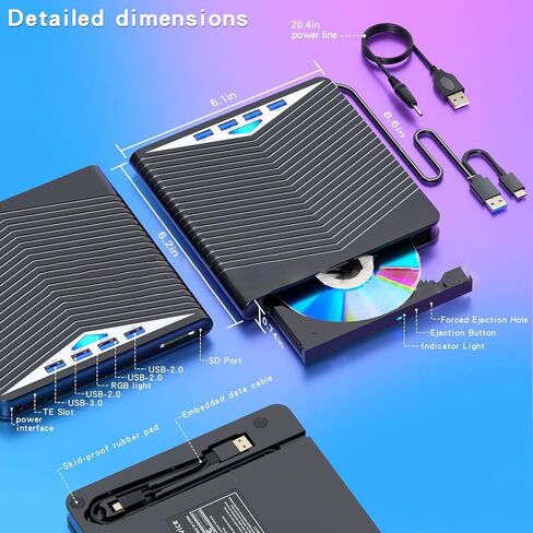 【7 في 1】 محرك أقراص DVD خارجي للكمبيوتر المحمول، USB 3.0 Type-C CD/DVD +/-RW، 4 منافذ USB، يدعم بطاقة SD/TF، ​​محرك أقراص DVD بصري لنظام التشغيل Windows 11/10/8/7، Linux، MacOS in Kuwait