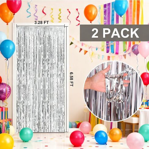 2-Piece Aluminum foil Curtains Silver foil Fringed Curtains Photo Booth Props for Birthday Wedding Engagement Baby Shower Bachelor Party Christmas Celebration Party Decorations in Saudi Arabia
