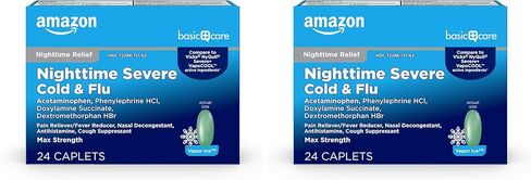 كبسولات Amazon Basic Care Vapor Ice Day and Night لتخفيف نزلات البرد والإنفلونزا الشديدة، دواء قوي للغاية، عبوة كومبو، 48 قطعة in Kuwait