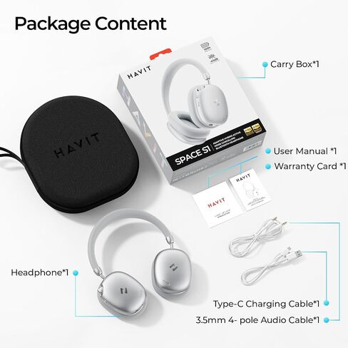 سماعات رأس havit Hybrid Adaptive Active Noise Canceling Wireless Space S1، سماعات رأس فوق الأذن، بلوتوث 6.0، وقت تشغيل 100 ساعة، صوت LHDC عالي الدقة، EQ مخصص عبر التطبيق، السفر، المكتب، المنزل، فضي in Saudi Arabia