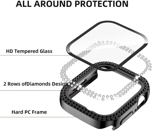 Double Row Diamond Case Compatible with Apple Watch 46 45 44 42 41 40mm Protective Case with Built-in Screen Protector for Series 11/10 /9/8/7/6/5/4/3 (Black/Black,45mm(Series 7/8/9)) in Saudi Arabia