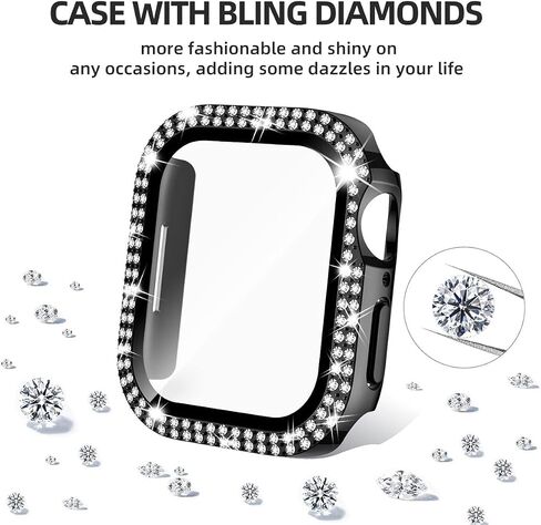 Double Row Diamond Case Compatible with Apple Watch 46 45 44 42 41 40mm Protective Case with Built-in Screen Protector for Series 11/10 /9/8/7/6/5/4/3 (Black/Black,45mm(Series 7/8/9)) in Saudi Arabia