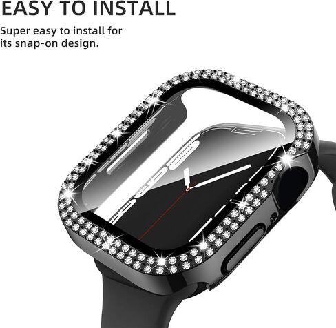 Double Row Diamond Case Compatible with Apple Watch 46 45 44 42 41 40mm Protective Case with Built-in Screen Protector for Series 11/10 /9/8/7/6/5/4/3 (Black/Black,45mm(Series 7/8/9)) in Saudi Arabia