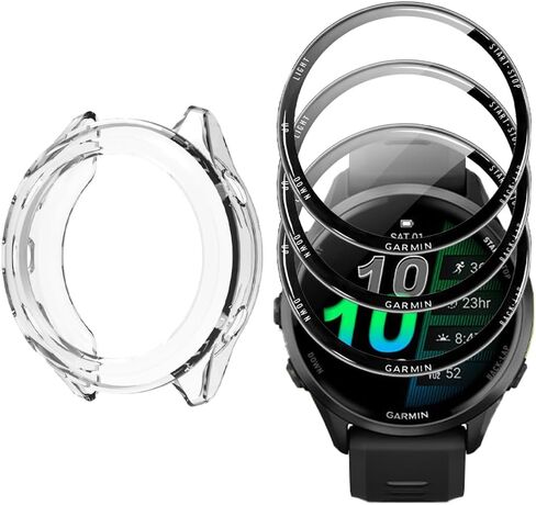 Watch Screen Protector (3+1Pack) Compatible for Garmin Forerunner 570 47mm,Full Coverage 3D Curved Edge Frame PET Film Anti-Scratch High Definition and TPU Protective Case (black) in Kuwait
