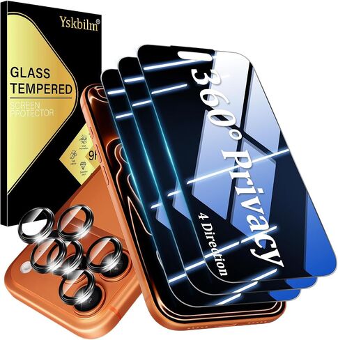 (3+2 Pack) 360° Privacy Screen Protector for iPhone 17 Pro Max 【4 Way Anti Spy】 + Camera Lens Protector,9H Shatterproof, Anti-Peep,Bubble-Free, Case Friendly Easy Installation Frame Included in Saudi Arabia