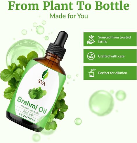 SVA Organics Brahmi Oil 4 Ounce Pure Bacopa Monnieri Cold Pressed Premium Therapeutic Grade Carrier Oil for Long and Strong Hair, Skin Care and Massage in Kuwait