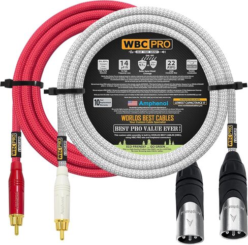 15 Foot RCA to XLR (Male) Cable Pair - WBC-PRO-LOCAP Low-Capacitance (14pF/ft) 22 AWG Ultra-Silent Audiophile & Pro-Grade Audio Interconnect Cable - Amphenol Plugs & Red & Silver Tweed Jackets in Kuwait