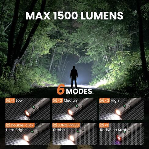 Yemao Emergency EDC Flashlight,Rechargeable 1500LM Mini Light - 6 Modes with Magnet/Clip,Portable Pocket-Sized Keychain Flashlight,IP6 Waterproof LED Torch for Outdoor and Home Use (Small) in Kuwait