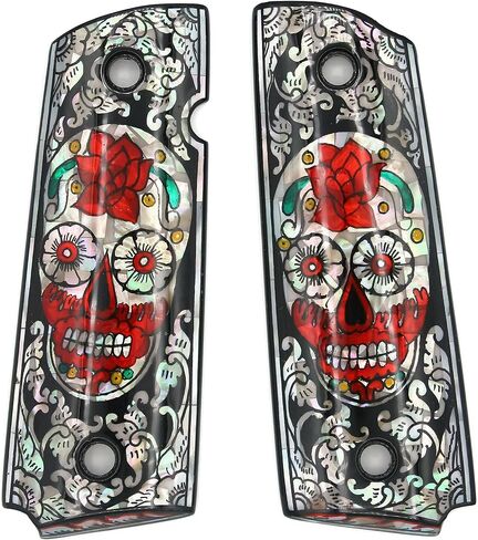 Vitoonwood Sugar Skull Art Mother of Pearl Grips يناسب 1911 نموذج الحجم الكامل Colt Government، Commander Kimber، Remington، Taurus PT 1911، Smith & Wesson، M1911A1، Dan Wesson PM7، Ruger SR1911 in Kuwait