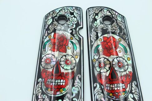 Vitoonwood Sugar Skull Art Mother of Pearl Grips يناسب 1911 نموذج الحجم الكامل Colt Government، Commander Kimber، Remington، Taurus PT 1911، Smith & Wesson، M1911A1، Dan Wesson PM7، Ruger SR1911 in Kuwait