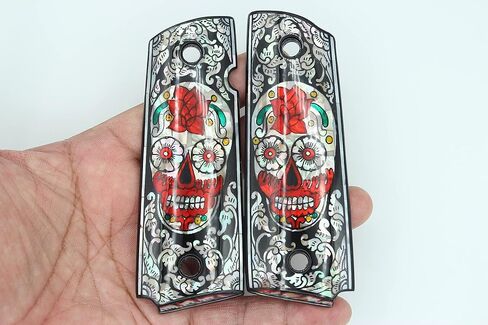 Vitoonwood Sugar Skull Art Mother of Pearl Grips يناسب 1911 نموذج الحجم الكامل Colt Government، Commander Kimber، Remington، Taurus PT 1911، Smith & Wesson، M1911A1، Dan Wesson PM7، Ruger SR1911 in Kuwait