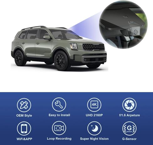 كاميرا Fitcamx الأمامية 4K+الخلفية 1080P تتكيف مع Kia Telluride 2023-2025 (الجزء رقم #S9500)، مظهر مصنع OEM، فيديو عالي الدقة بقناتين، واي فاي مدمج وتطبيق، تسجيل حلقة، مستشعر G، سهل الإعداد، بطاقة 128 جيجابايت in Kuwait