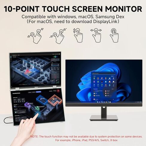 U16 Pro شاشة لمس محمولة مزدوجة مقاس 16 بوصة، موسع شاشة كمبيوتر محمول بدقة 1200 بكسل FHD مع USB-C/HDMI، شاشة سفر قابلة للطي للتوصيل والتشغيل لأجهزة الكمبيوتر المحمول/Mac/PC/الهاتف/Windows، قابلة للتركيب على VESA in Kuwait