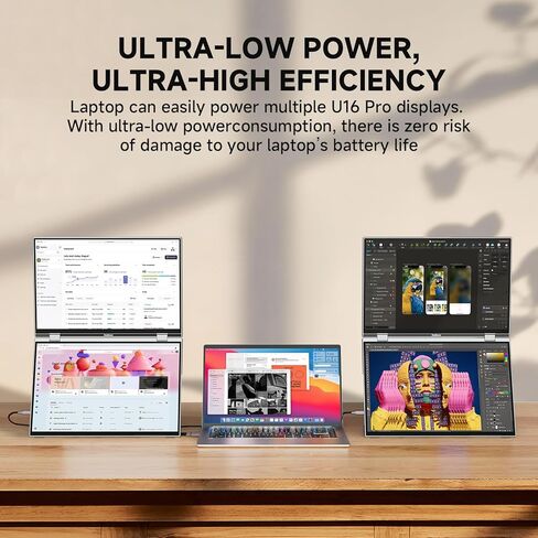 U16 Pro شاشة لمس محمولة مزدوجة مقاس 16 بوصة، موسع شاشة كمبيوتر محمول بدقة 1200 بكسل FHD مع USB-C/HDMI، شاشة سفر قابلة للطي للتوصيل والتشغيل لأجهزة الكمبيوتر المحمول/Mac/PC/الهاتف/Windows، قابلة للتركيب على VESA in Kuwait
