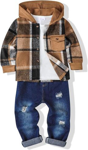 RENOTEMY 3PCS TODDLER BOY COLLESS WINTER Fall Fall Fallfits Flannel Plaid Hoodie Sweatshirt Thirt T-Shirt Seles Leans for 2-7y Boys in Saudi Arabia