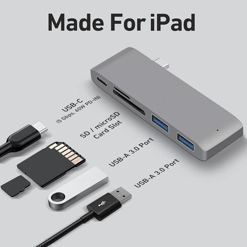 محول لجهاز iPad USB C Hub، محول USB C 5 في 1 مع 2 * 5 جيجابت في الثانية USB 3.0، شحن 60 وات PD، قارئ بطاقة SD/Micro SD لجهاز iPad Pro M4 M2 M1 13 12.9 11 بوصة iPad Air 5 4 Tablet Dock in Saudi Arabia