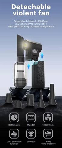 منفضة الهواء المضغوط TurboJet 138000 دورة في الدقيقة | منفضة هواء مزدوجة ومكنسة كهربائية لاسلكية بـ 3 سرعات | بطارية 8000 مللي أمبير، شحن سريع 30 وات | منظف ​​محمول لإزالة غبار السيارات والمكاتب والإلكترونيات in Saudi Arabia