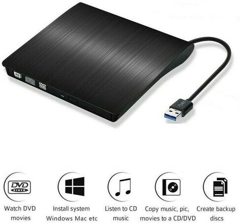 محرك أقراص DVD خارجي USB 3.0، مشغل ناسخ CD/DVD +/-RW محمول للكمبيوتر المحمول والكمبيوتر المكتبي، متوافق مع Windows 11/10/8/7 وMacBook وMac OS وLinux - أسود in Kuwait