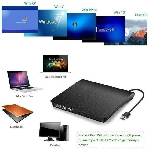 محرك أقراص DVD خارجي USB 3.0، مشغل ناسخ CD/DVD +/-RW محمول للكمبيوتر المحمول والكمبيوتر المكتبي، متوافق مع Windows 11/10/8/7 وMacBook وMac OS وLinux - أسود in Kuwait