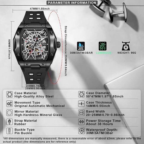 Men's Watches Automatic Mechanical Wristwatch Tonneau Hollow Design 30M Waterproof Luminous Self-Winding in Saudi Arabia