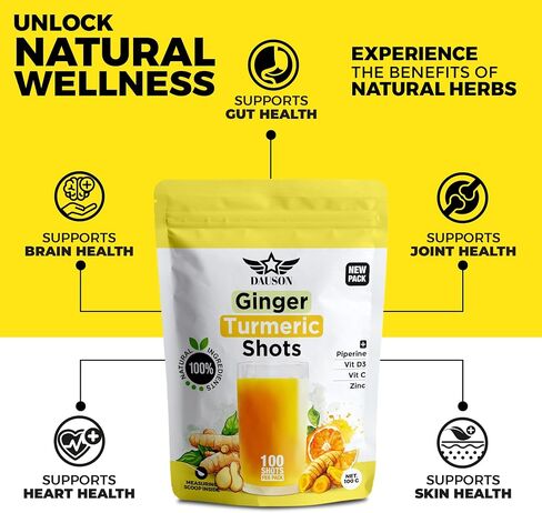Vitalute Ginger Turmeric Powder - Ginger Turmeric Supplement Fortified with Orange, Curcumin, Vitamin C, Vitamin D, Zinc. 100g/100 Shots of Ginger Juice, Turmeric Juice for Joint, Gut, Keto, Immunity in Kuwait