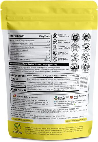 Vitalute Ginger Turmeric Powder - Ginger Turmeric Supplement Fortified with Orange, Curcumin, Vitamin C, Vitamin D, Zinc. 100g/100 Shots of Ginger Juice, Turmeric Juice for Joint, Gut, Keto, Immunity in Kuwait