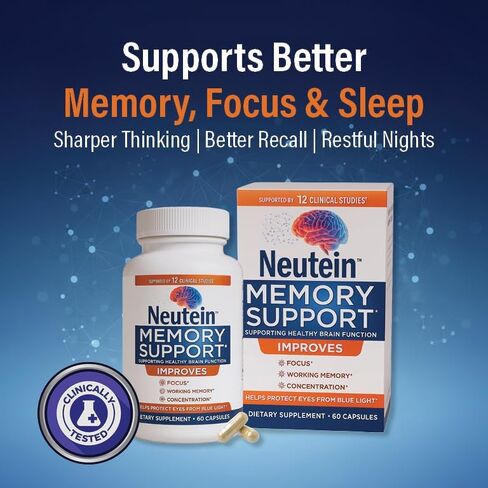 Neutein Natural Brain Booster for Memory, Concentration & Brain Health - Extra Strength Plant-Based Focus Supplement for Adults & Seniors, Made in USA (60 capsules/30 Serv) in Saudi Arabia