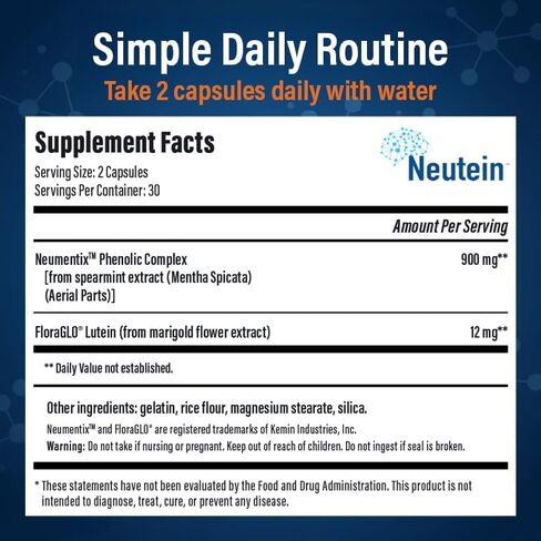 Neutein Natural Brain Booster for Memory, Concentration & Brain Health - Extra Strength Plant-Based Focus Supplement for Adults & Seniors, Made in USA (60 capsules/30 Serv) in Saudi Arabia