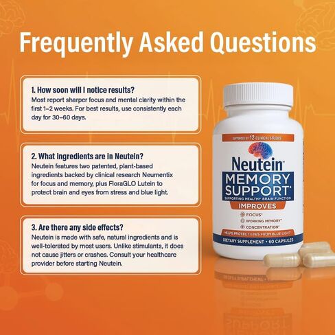 Neutein Natural Brain Booster for Memory, Concentration & Brain Health - Extra Strength Plant-Based Focus Supplement for Adults & Seniors, Made in USA (60 capsules/30 Serv) in Saudi Arabia
