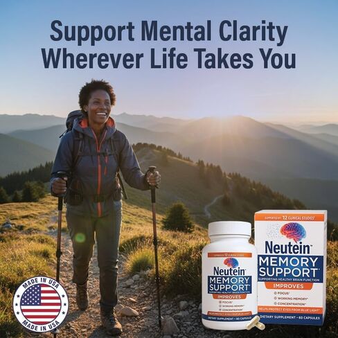 Neutein Natural Brain Booster for Memory, Concentration & Brain Health - Extra Strength Plant-Based Focus Supplement for Adults & Seniors, Made in USA (60 capsules/30 Serv) in Saudi Arabia