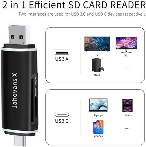 قارئ بطاقات SD، محول قارئ بطاقات الذاكرة Jahovans X Dual Connector USB C USB 3.0 - يدعم SD/Micro SD متوافق مع MacBook Pro وiPad Pro وGalaxy S21 وما إلى ذلك. in Kuwait
