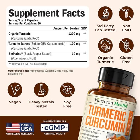 Organic Turmeric Curcumin with Black Pepper - Natural Joint Support Supplement with Bioperine and 95% Curcuminoids. High Absorption Tumeric. Antioxidant Digestive and Immune Support. 60 Vegan Capsules in Kuwait