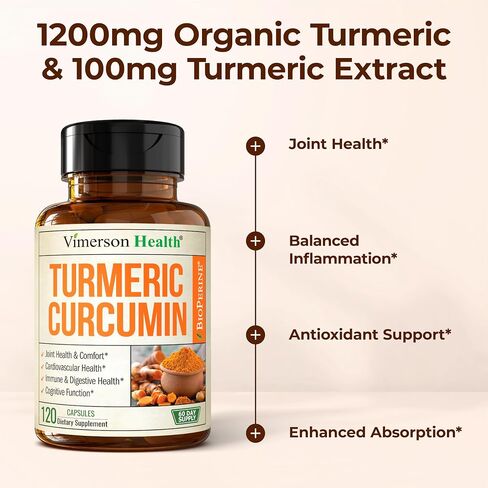 Organic Turmeric Curcumin with Black Pepper - Natural Joint Support Supplement with Bioperine and 95% Curcuminoids. High Absorption Tumeric. Antioxidant Digestive and Immune Support. 60 Vegan Capsules in Kuwait