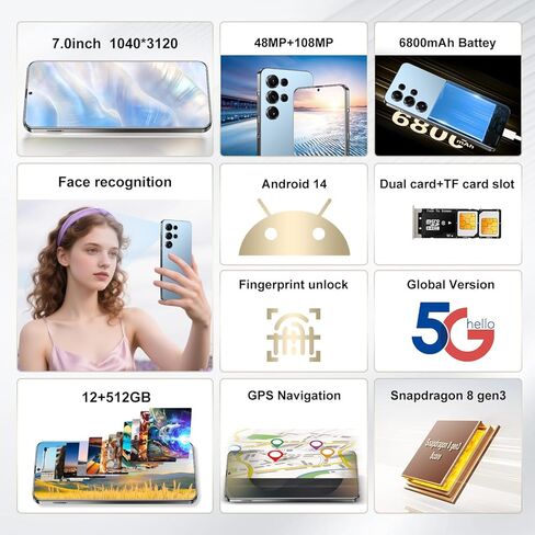 Unlocked Cell Phones S25 Ultra 5G Smartphone Android 14 Unlocked Phones 12GB+512GB Snapdragon 8Gen3 7" HD Screen 48MP+108MP 6800mAh Support Dual SIM Fingerprint Lock GPS Face ID (Gold) in Kuwait