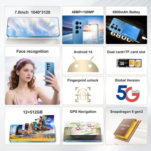 هواتف محمولة غير مقفلة S25 Ultra 5G هاتف ذكي Android 14 هواتف غير مقفلة 12 جيجابايت + 512 جيجابايت Snapdragon 8Gen3 شاشة 7 بوصات عالية الدقة 48 ميجابكسل + 108 ميجابكسل 6800 مللي أمبير في الساعة تدعم شريحتي اتصال قفل بصمة الإصبع GPS معرف الوجه (ذهبي) in Saudi Arabia