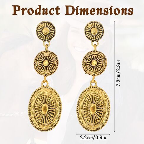 Western Earrings for Women, Oval Synthetic Turquoise Dangle Earrings Vintage Country Concert Concho Dangling Earring Nashville Cowboy Rodeo Outfit Dress Jewelry Gifts Accessories for Cowgirls (Gold) in Saudi Arabia