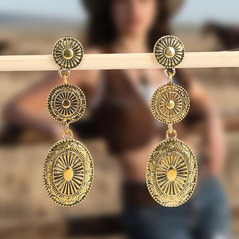 Western Earrings for Women, Oval Synthetic Turquoise Dangle Earrings Vintage Country Concert Concho Dangling Earring Nashville Cowboy Rodeo Outfit Dress Jewelry Gifts Accessories for Cowgirls (Gold) in Saudi Arabia